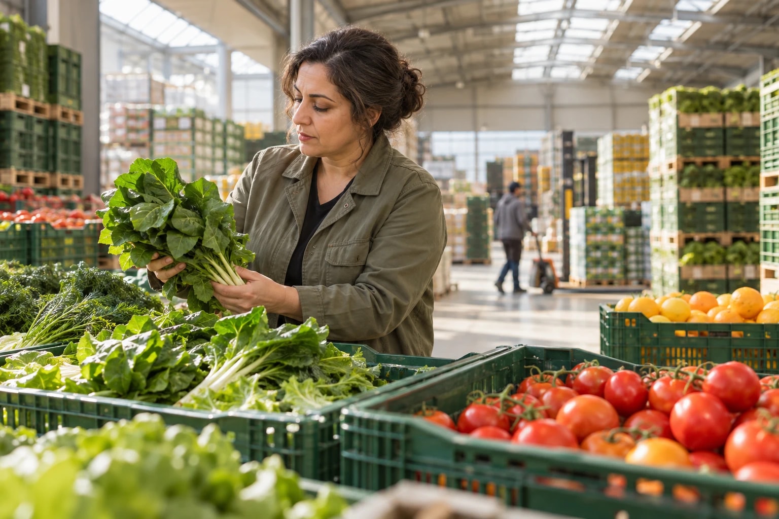 Illustrative: a purchasing manager inspecting fresh produce crates in a distribution warehouse