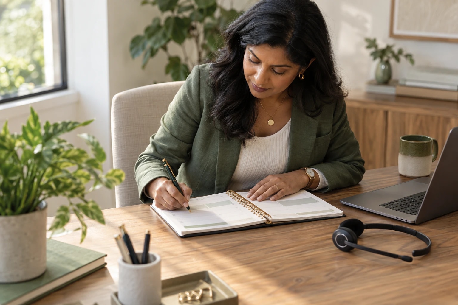 Illustrative: a sales rep writing a confirmed meeting time on a paper desk planner beside a slim headset