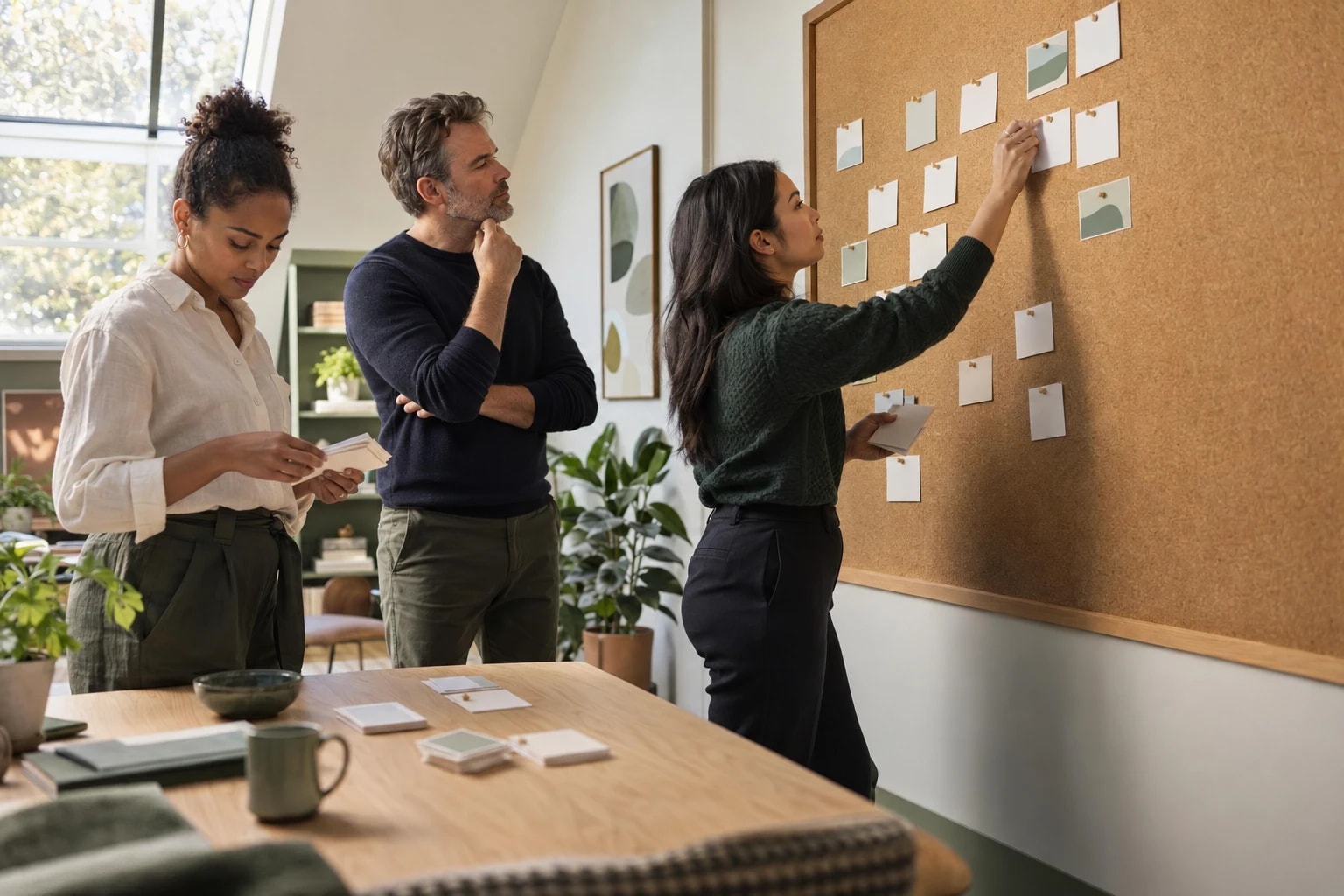 Illustrative: a team pinning index cards of target companies onto a cork board in a planning room