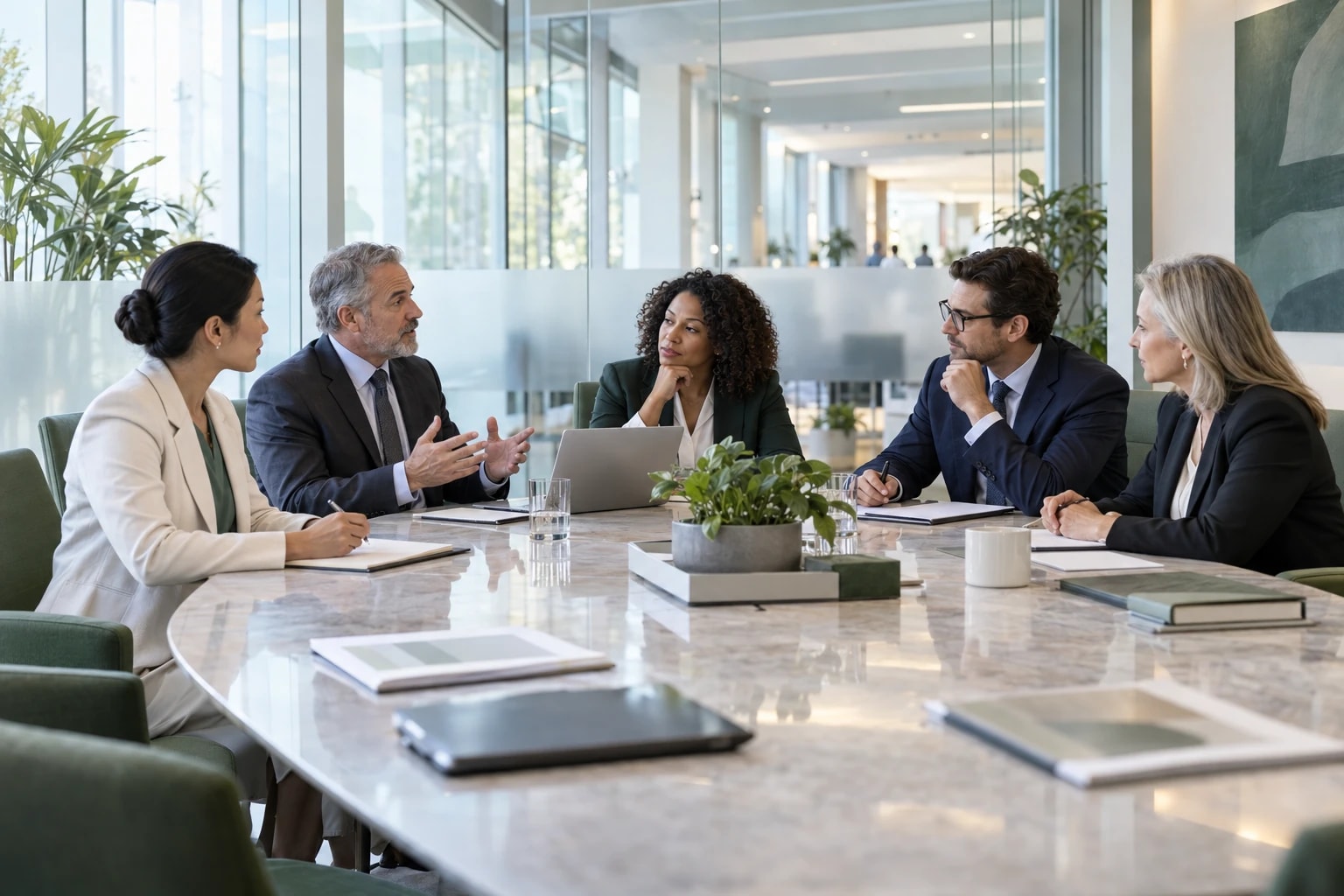 Illustrative: hospital administrators meeting in a bright boardroom