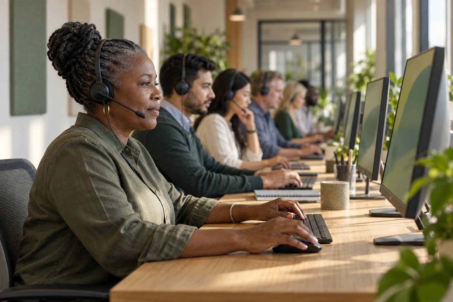 Illustrative: a row of callers at desks shot from the end of the row with shallow depth of field