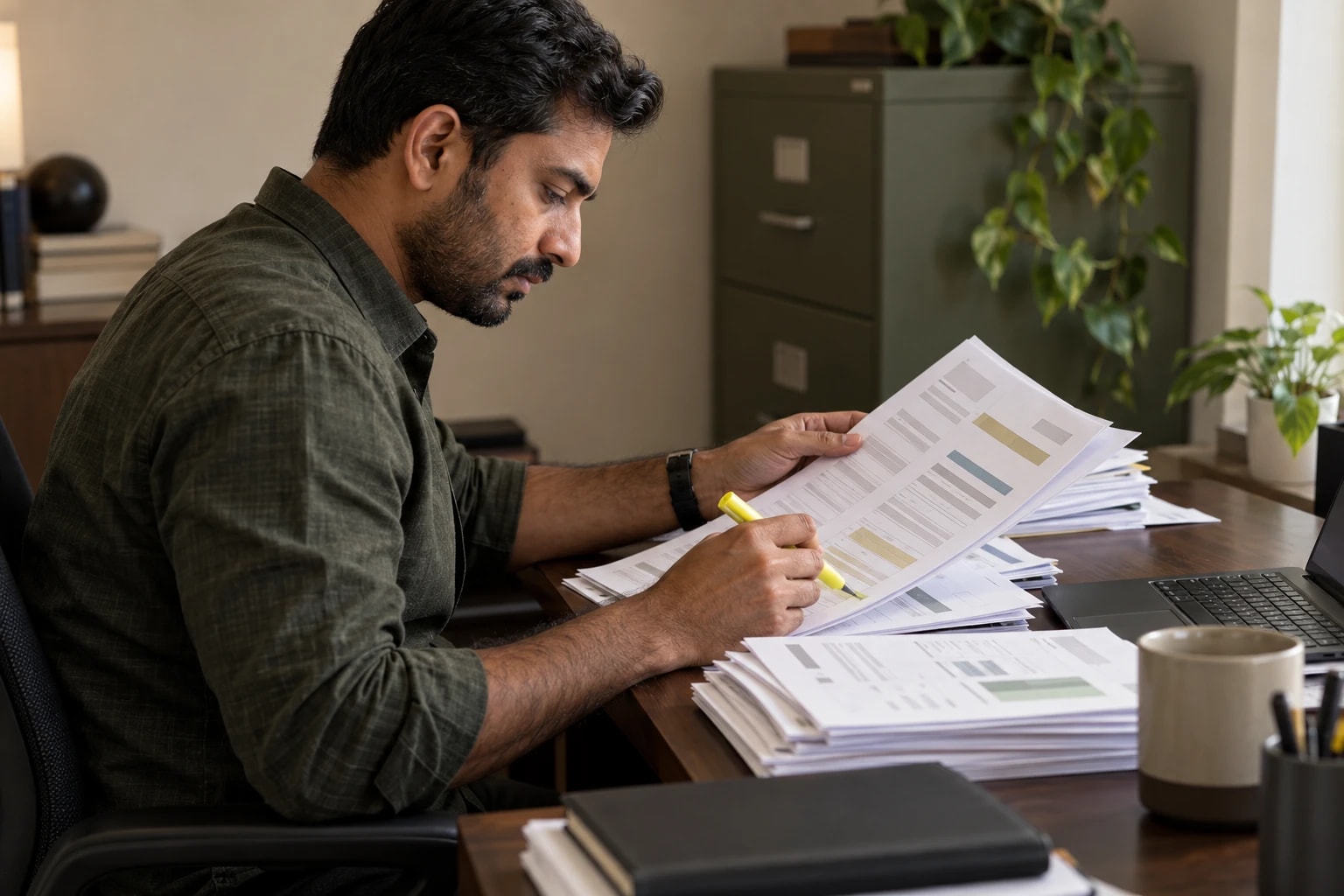 Illustrative: a telecom expense analyst reviewing a stack of carrier invoices with a highlighter