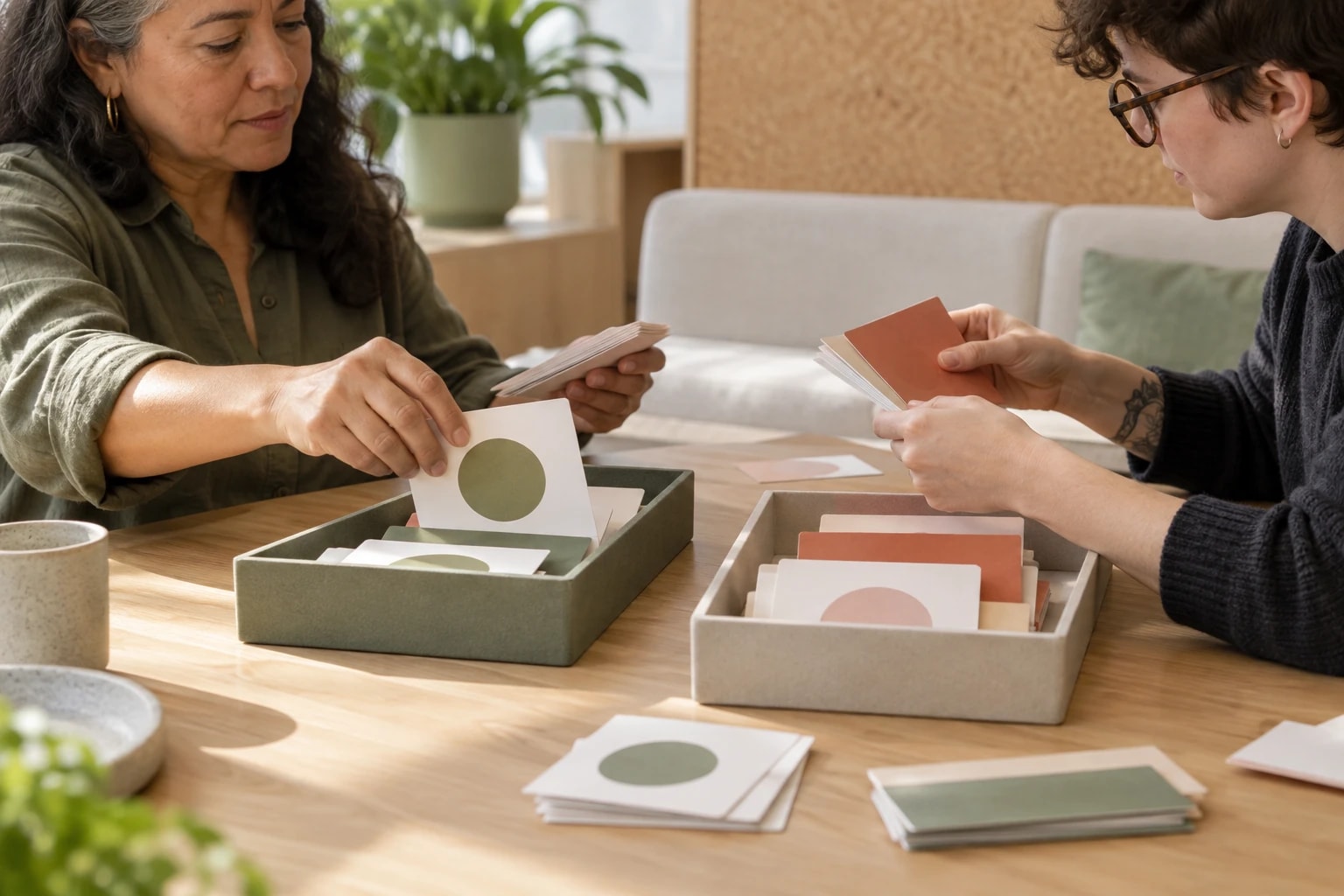 Illustrative: two colleagues sorting paper lead cards into two trays on a table
