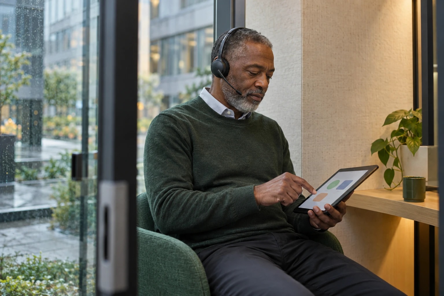 Illustrative: a researcher conducting a phone survey, recording answers on a tablet