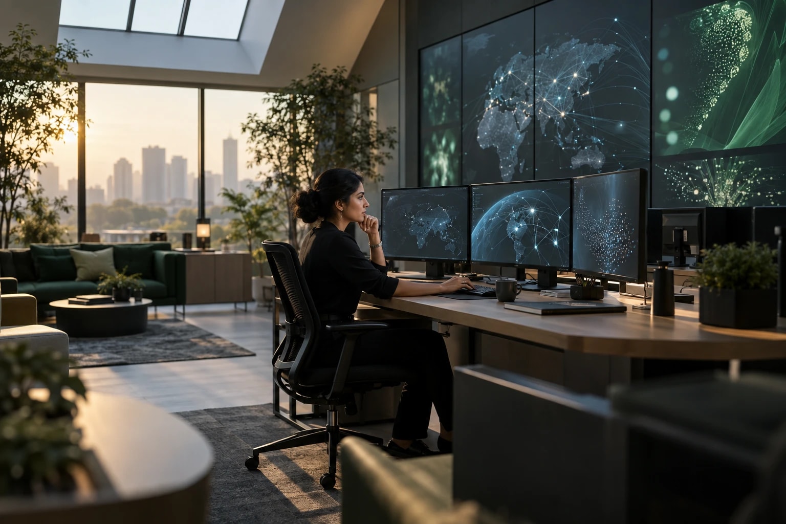 Illustrative: a security analyst monitoring abstract network graphics on several screens
