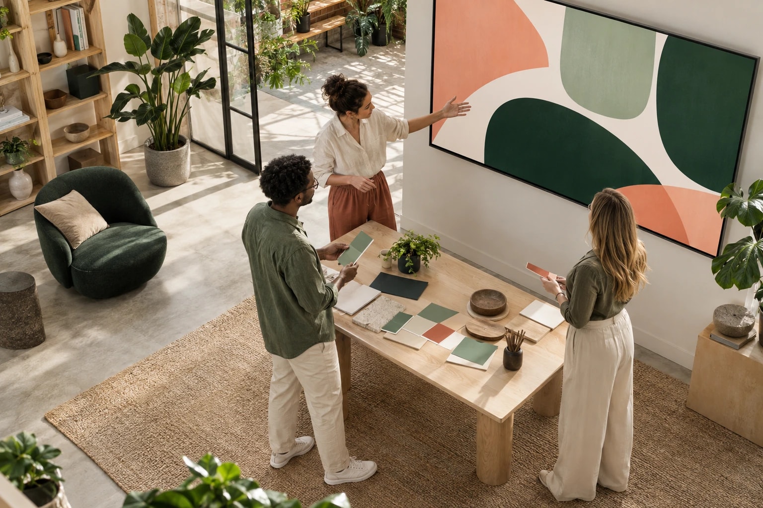 Illustrative: a digital agency team planning a campaign around a large monitor of abstract shapes