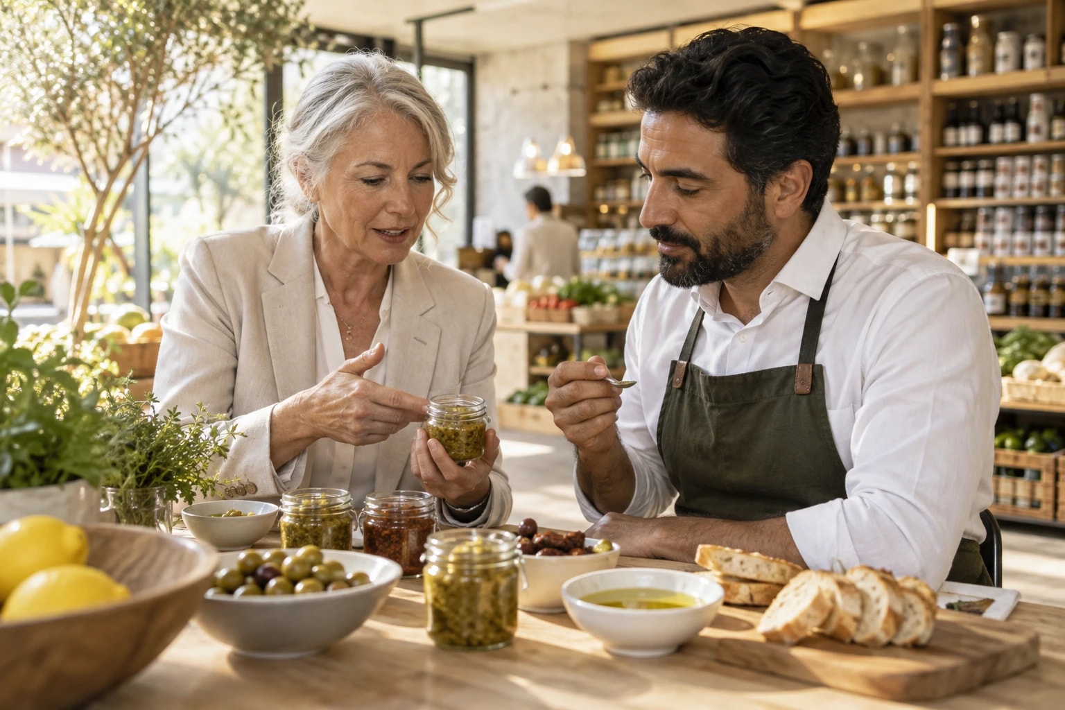 Illustrative: a food brand sales rep presenting product samples to a grocery buyer