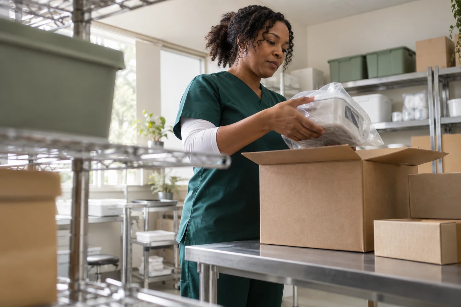 Illustrative: a healthcare supplier unpacking equipment boxes in a clinic storeroom