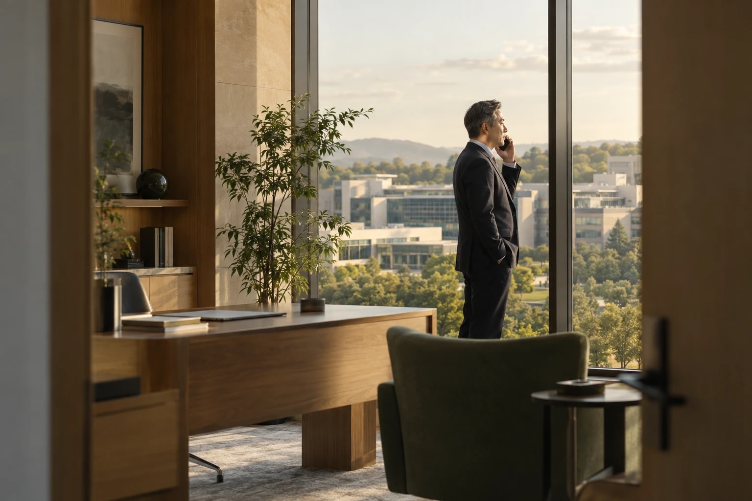 Illustrative: a hospital executive on a phone call in an office overlooking a campus