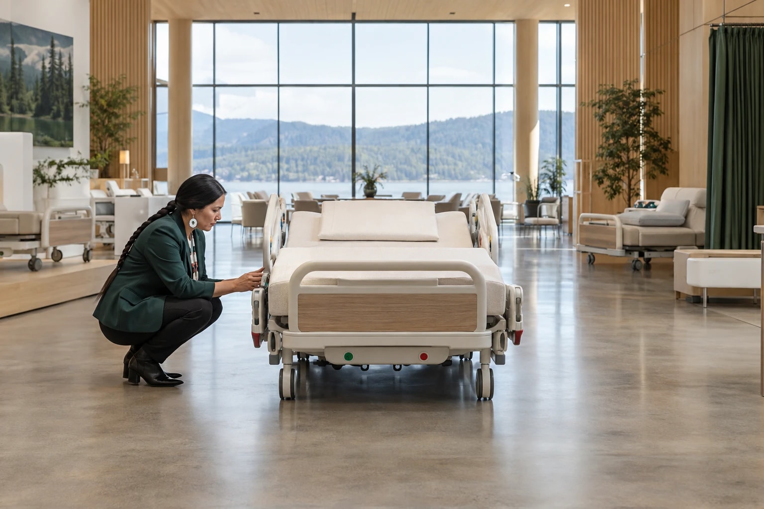 Illustrative: a procurement officer examining a hospital bed in a showroom