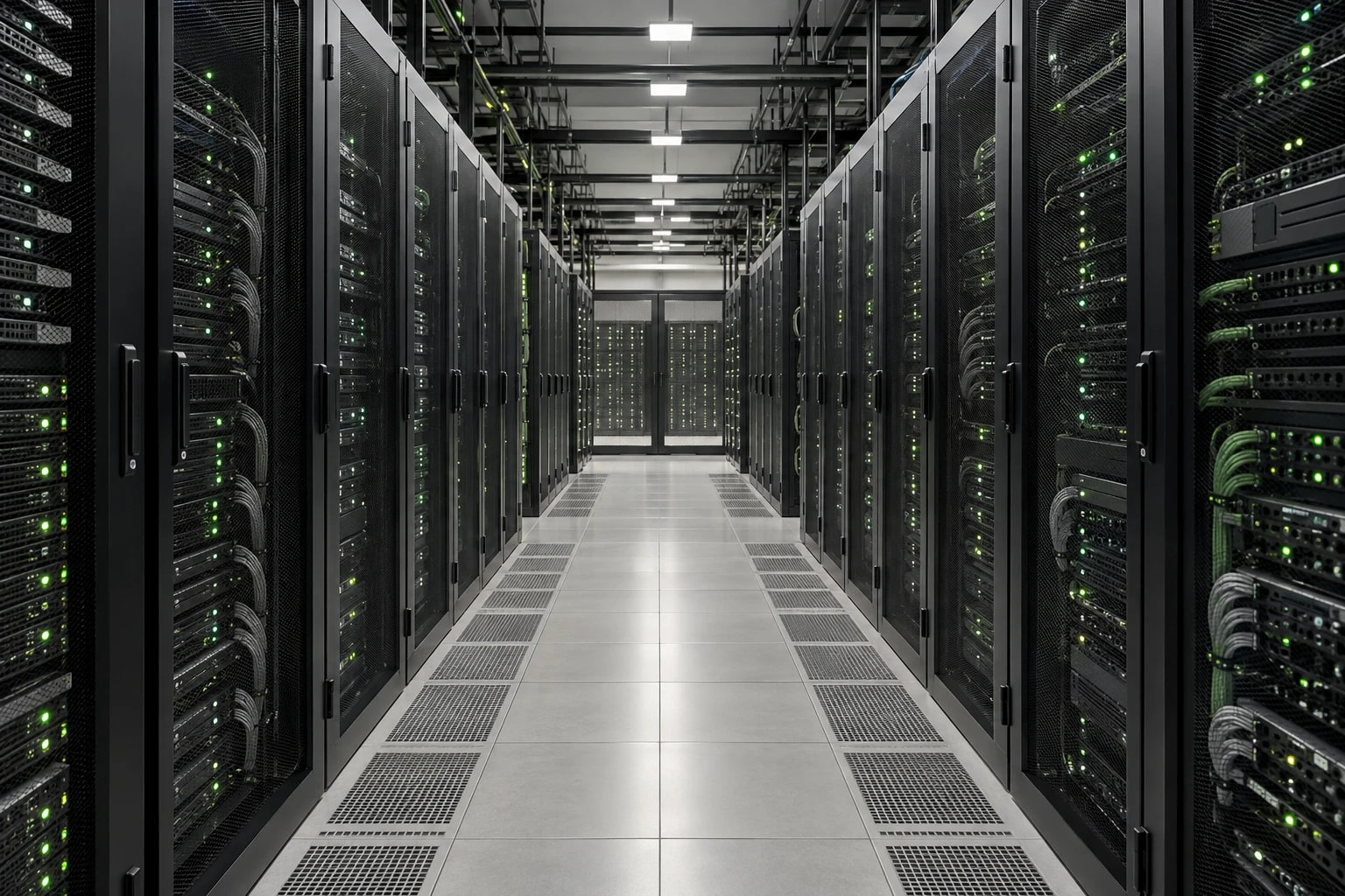 Illustrative: rows of network equipment in a clean server room with soft green indicator lights