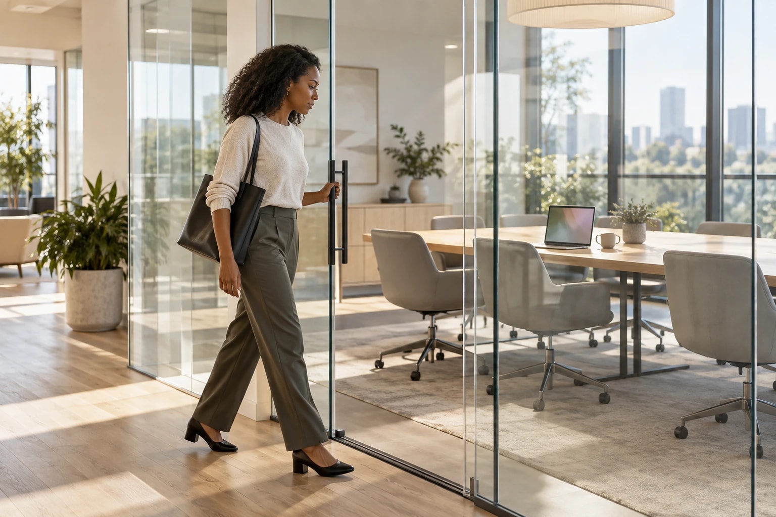 Illustrative: an account executive walking into a bright glass meeting room for a scheduled first call