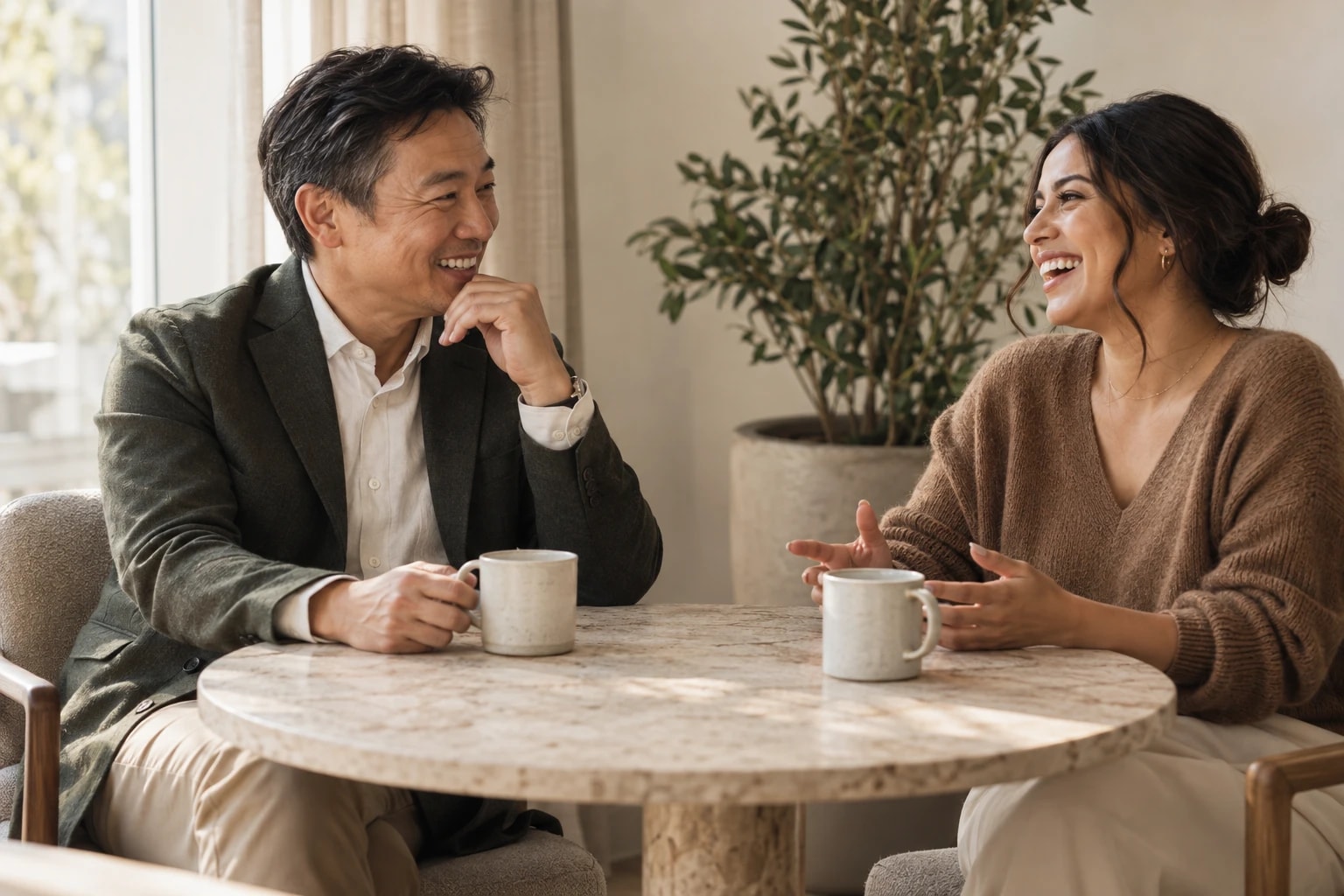 Illustrative: a client and a campaign manager laughing together in a relaxed meeting