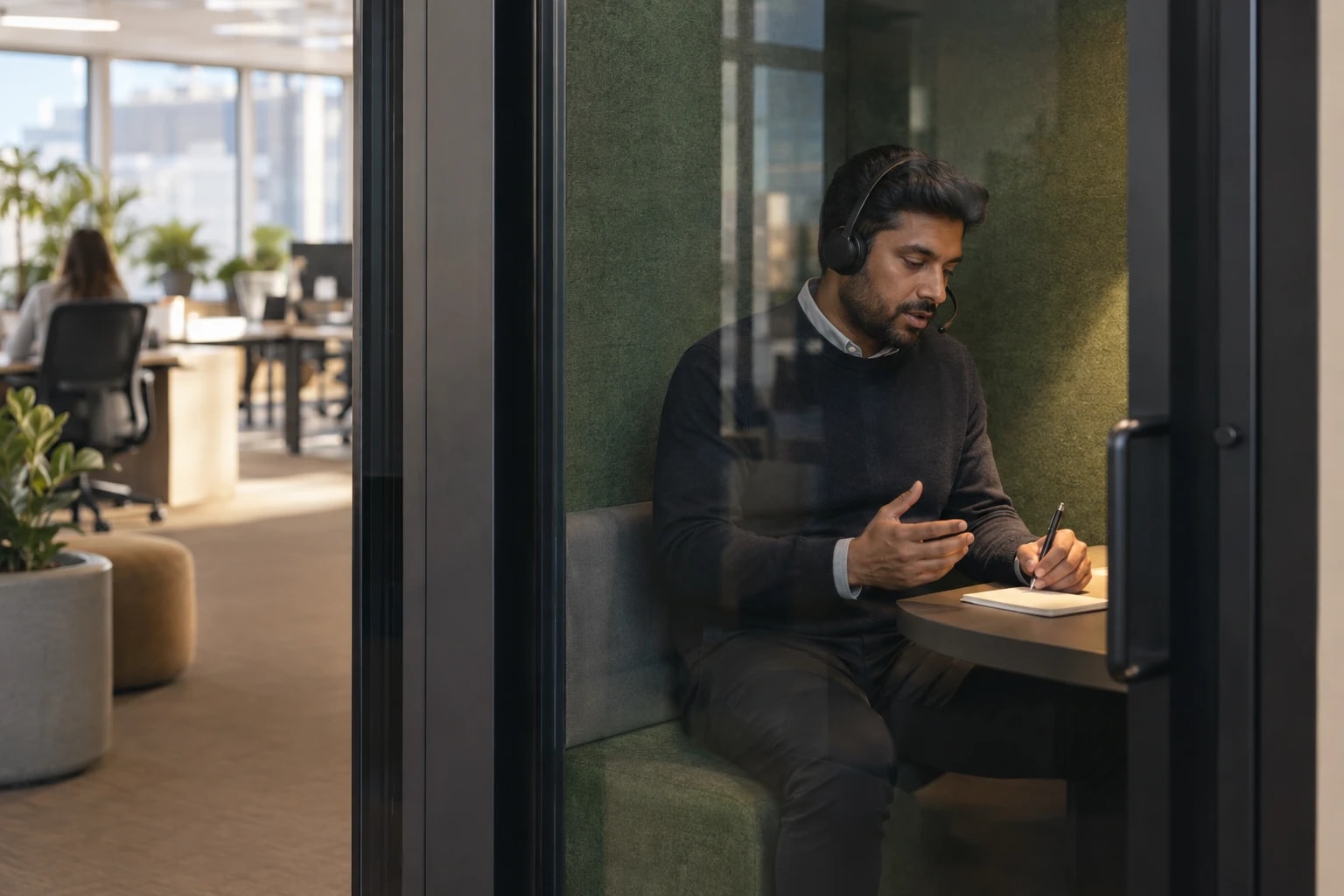 Illustrative: a caller in a quiet phone booth pod confirming an appointment, seen through the glass