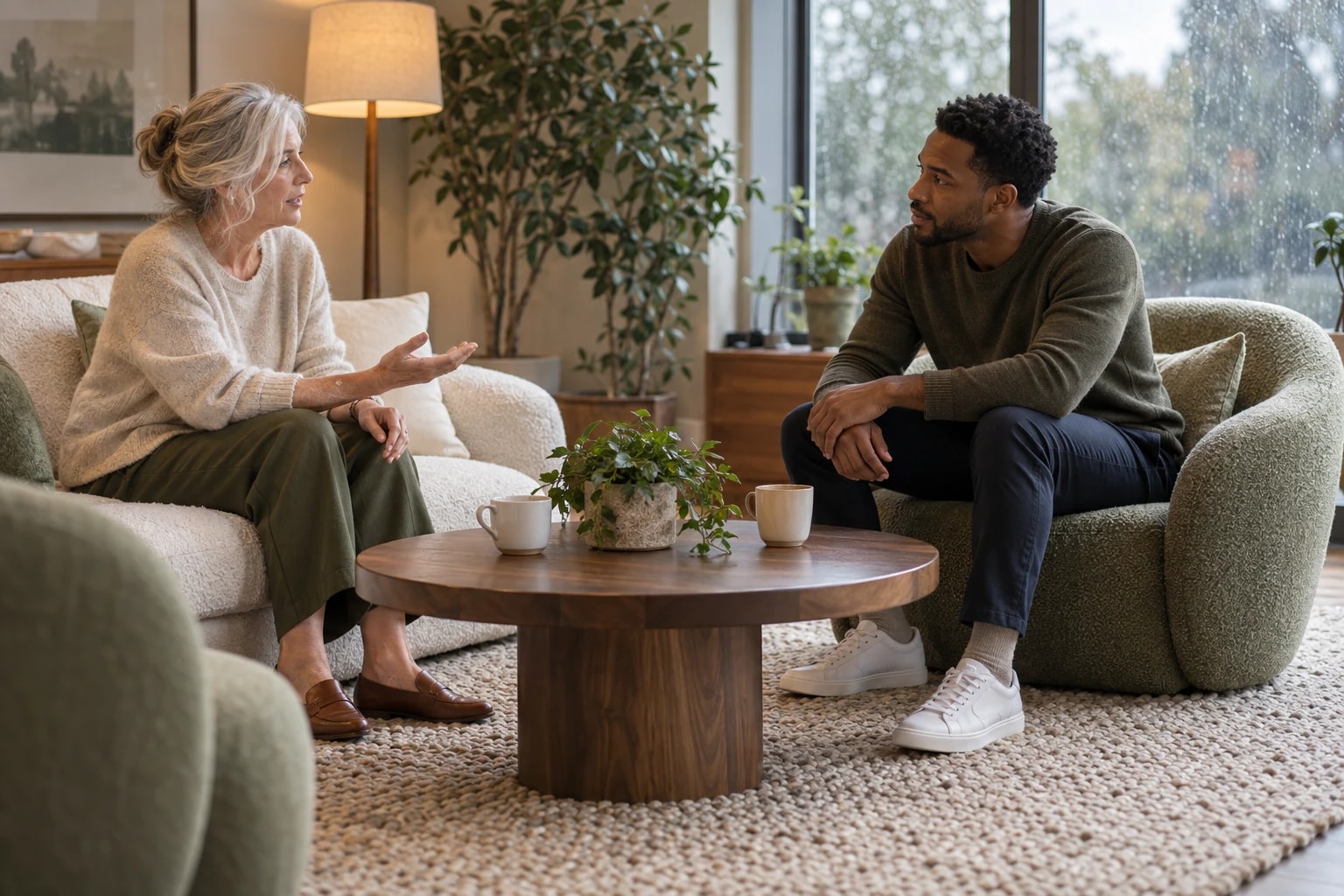 Illustrative: two people talking through questions at a coffee table in a relaxed lounge
