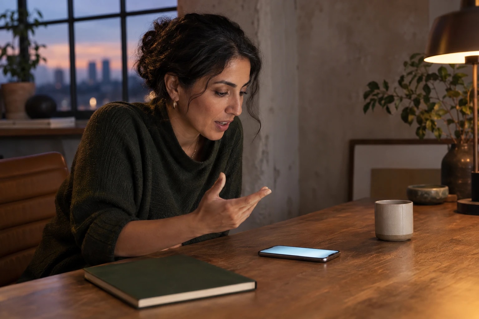 Illustrative: a founder on a speakerphone call giving feedback to the calling team