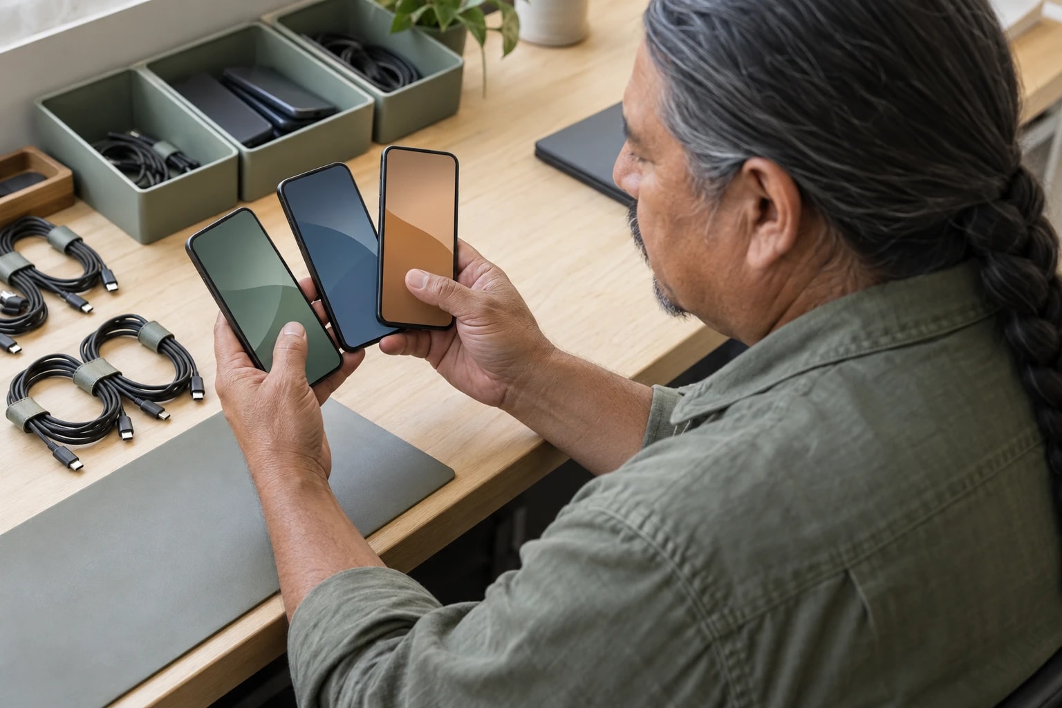 Illustrative: a mobile fleet manager holding several company smartphones at a desk
