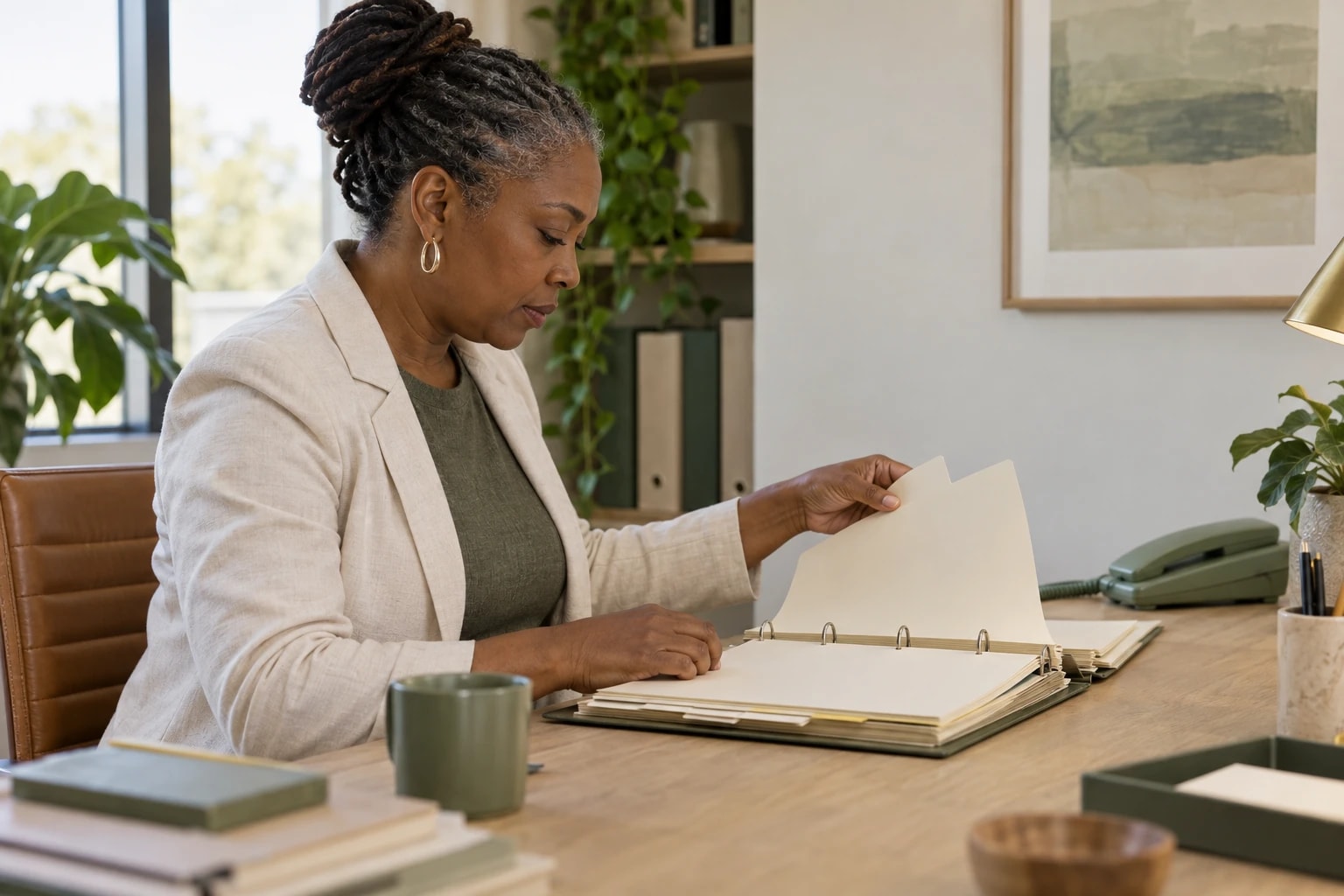Illustrative: a rep flipping through an old customer binder before a win-back call