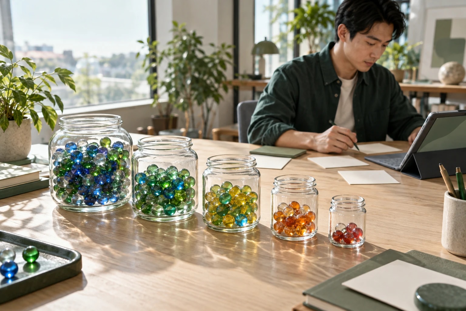 Illustrative: a funnel of glass jars with colored marbles on a desk, a planner working beside it