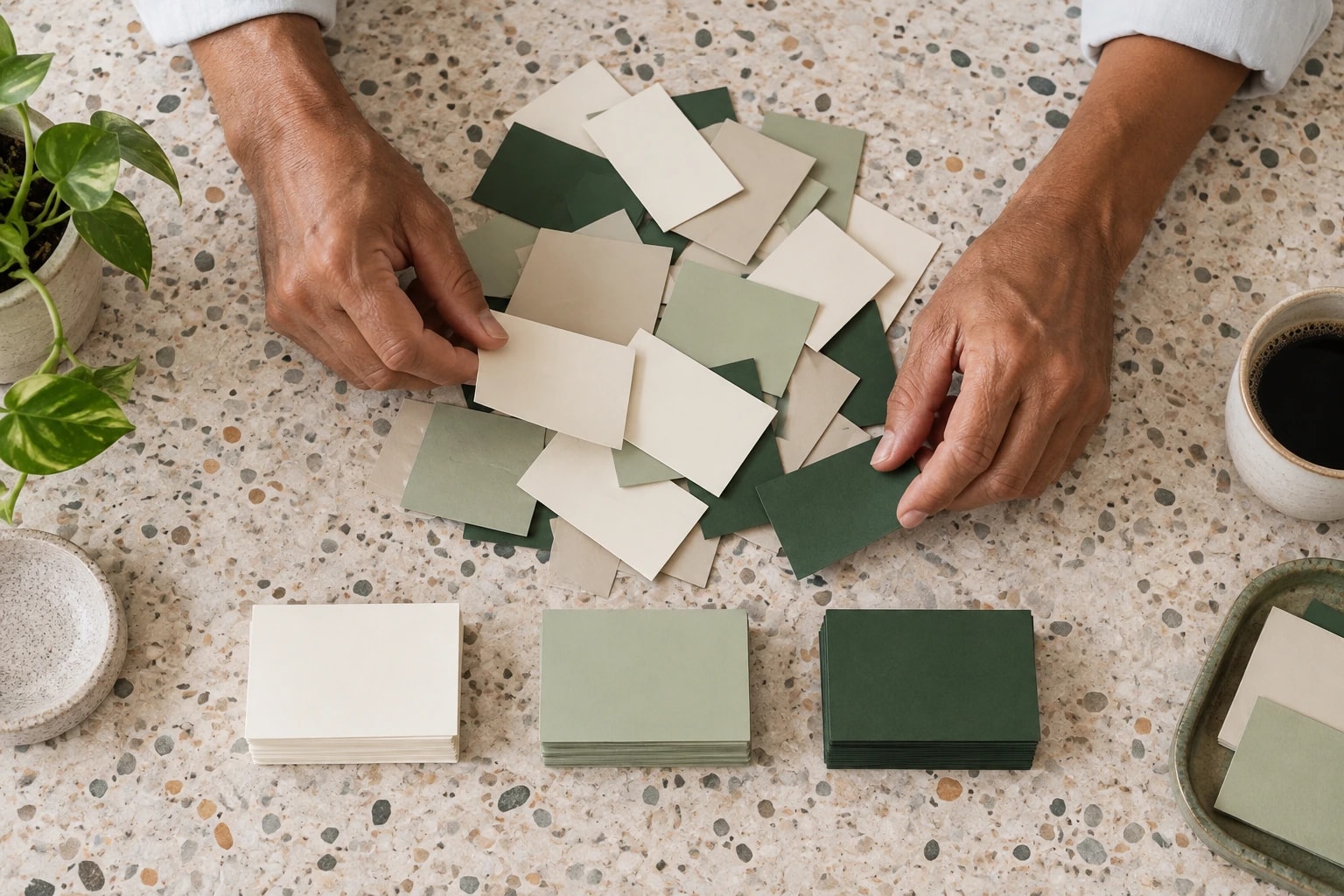 Illustrative: close-up of hands sorting a tangled stack of business cards into neat piles