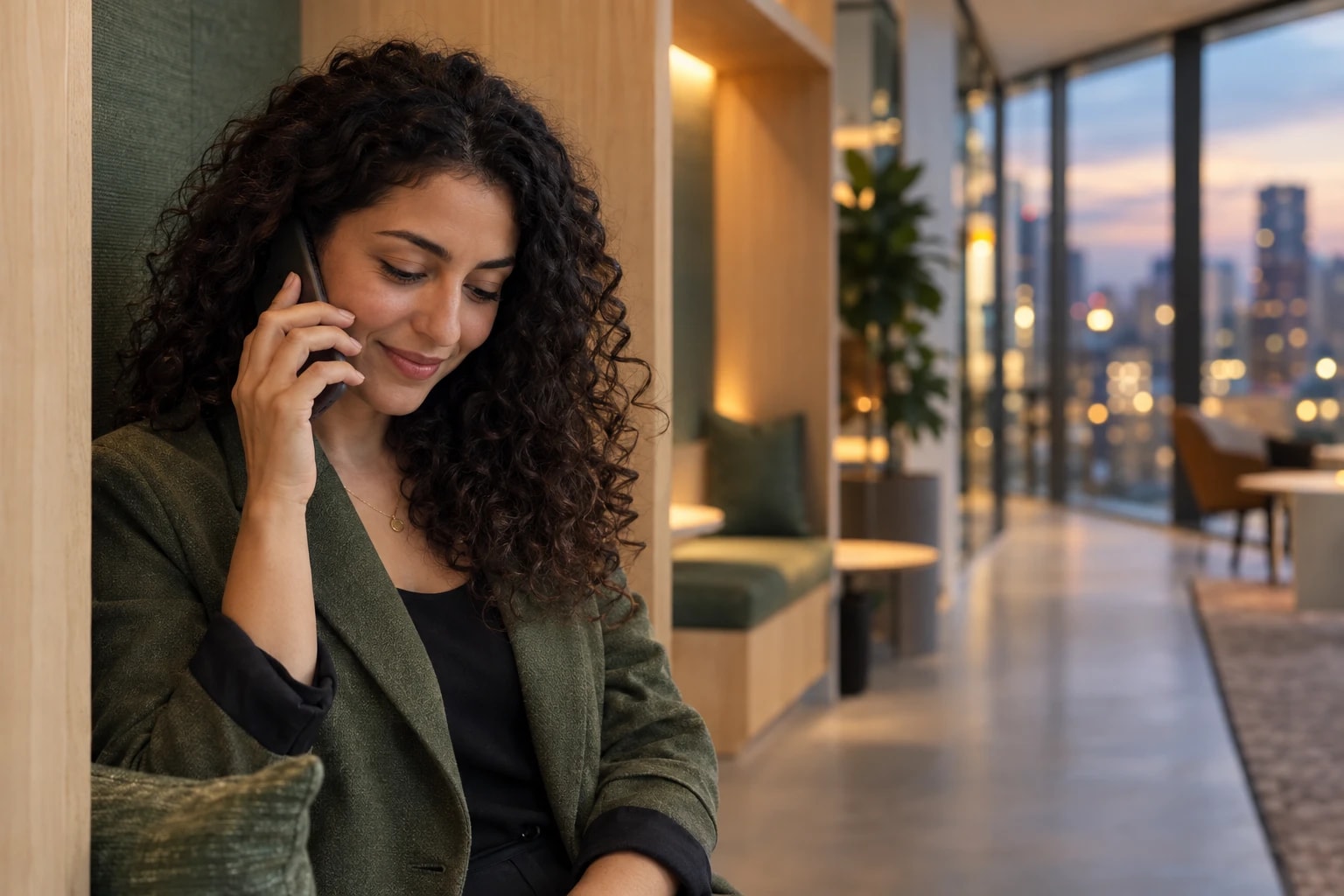 Illustrative: a caller reconnecting with a former client, smiling at the familiar voice