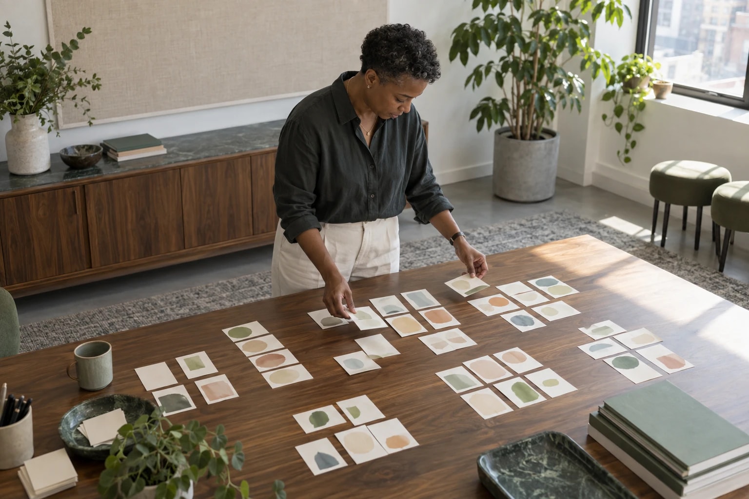 Illustrative: a market research lead grouping printed feedback cards on a table