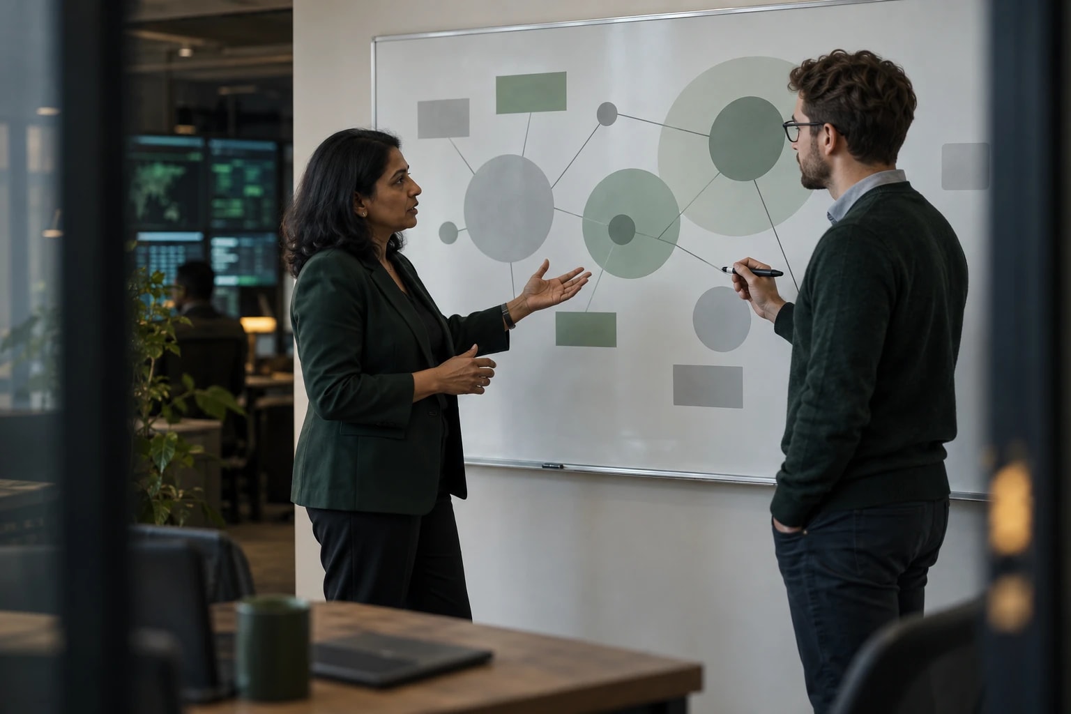 Illustrative: a CISO and an IT manager discussing risks at a whiteboard of abstract shapes