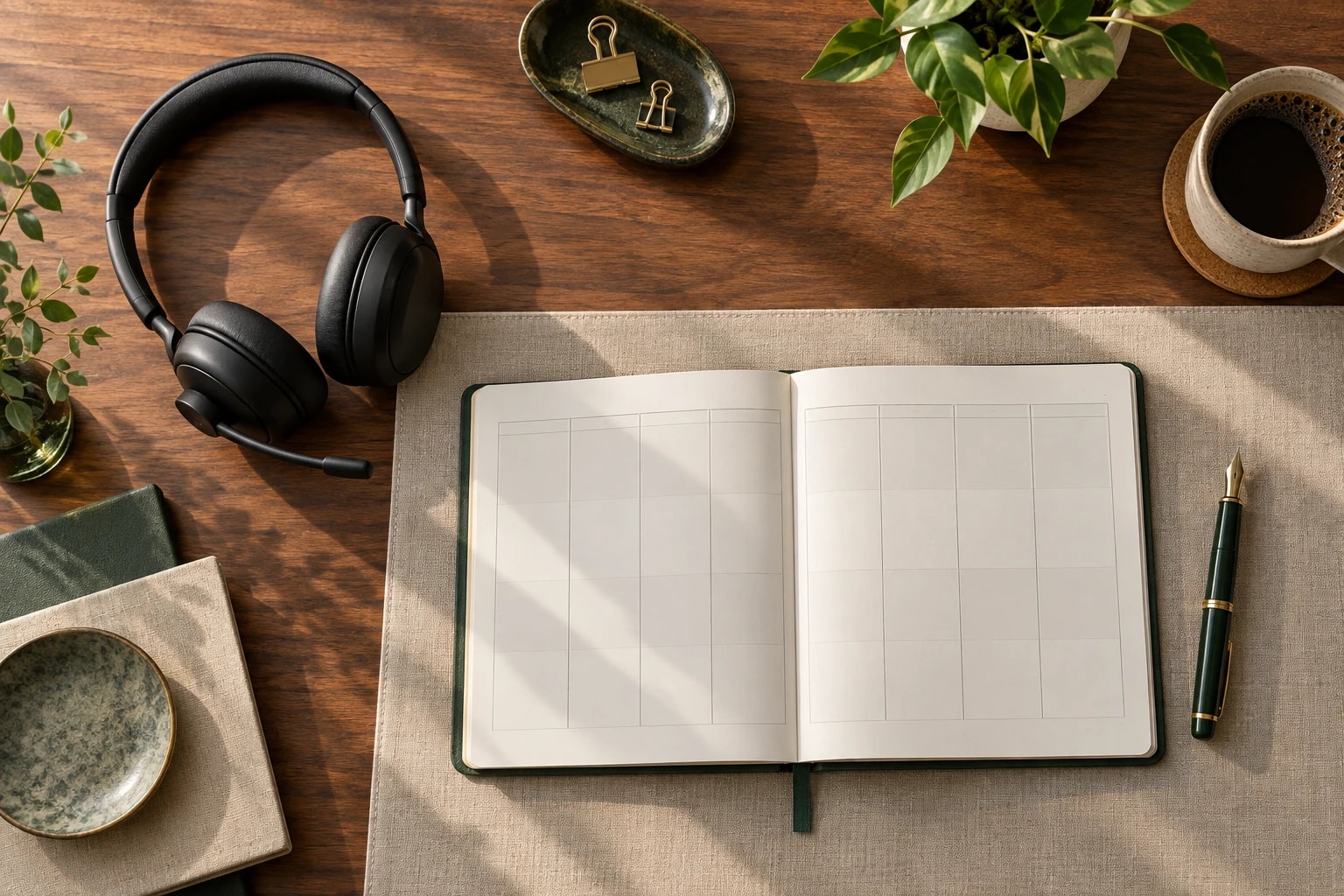 Illustrative: overhead view of a tidy desk with a headset, a planner open to the week and a pen