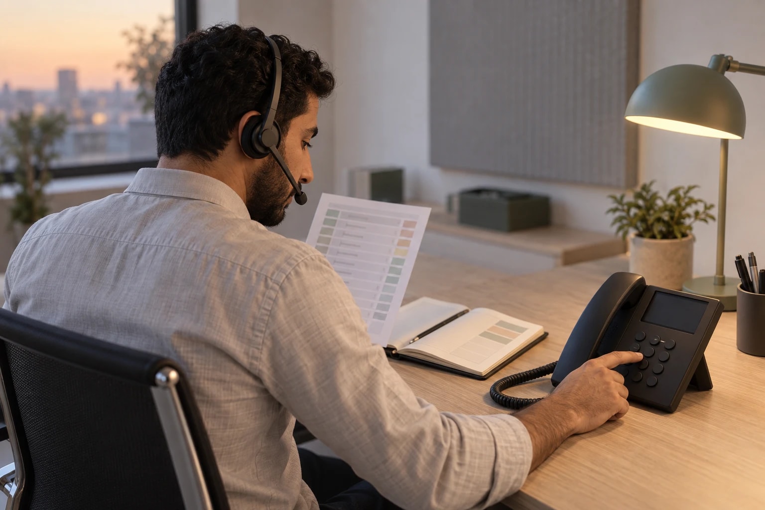Illustrative: a caller dialing through a prospect list at a clean desk with a notebook and headset