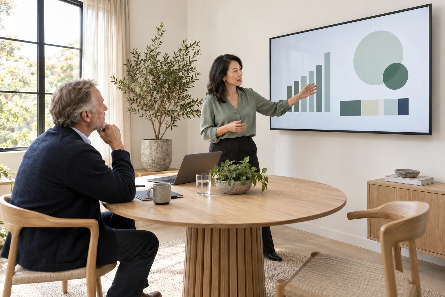 Illustrative: a strategist presenting campaign results to a client in a small bright room