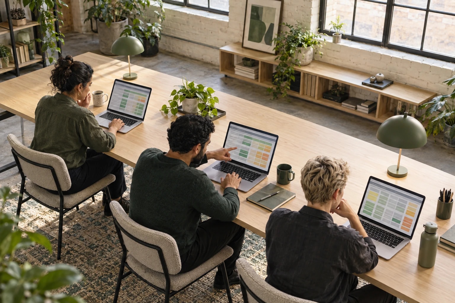 Illustrative: a small team auditing contact data on laptops at a long table