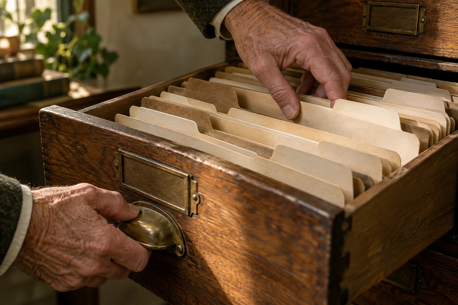 Illustrative: close-up of an archive drawer of customer files being reopened