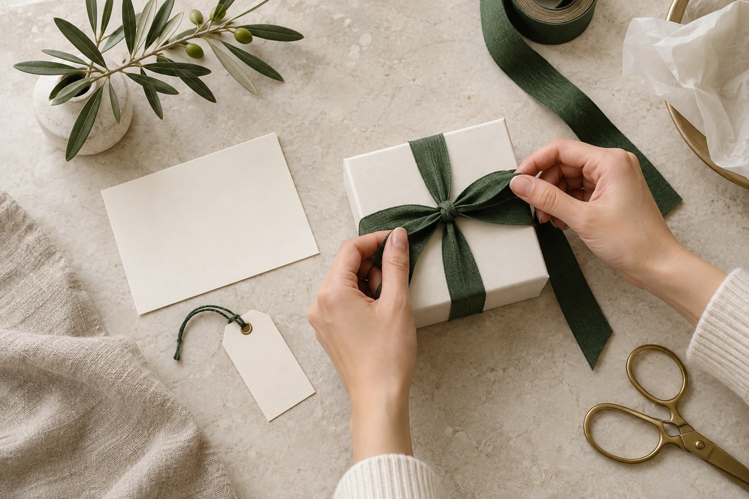 Illustrative: a small gift box and card being prepared for a loyal customer on a desk