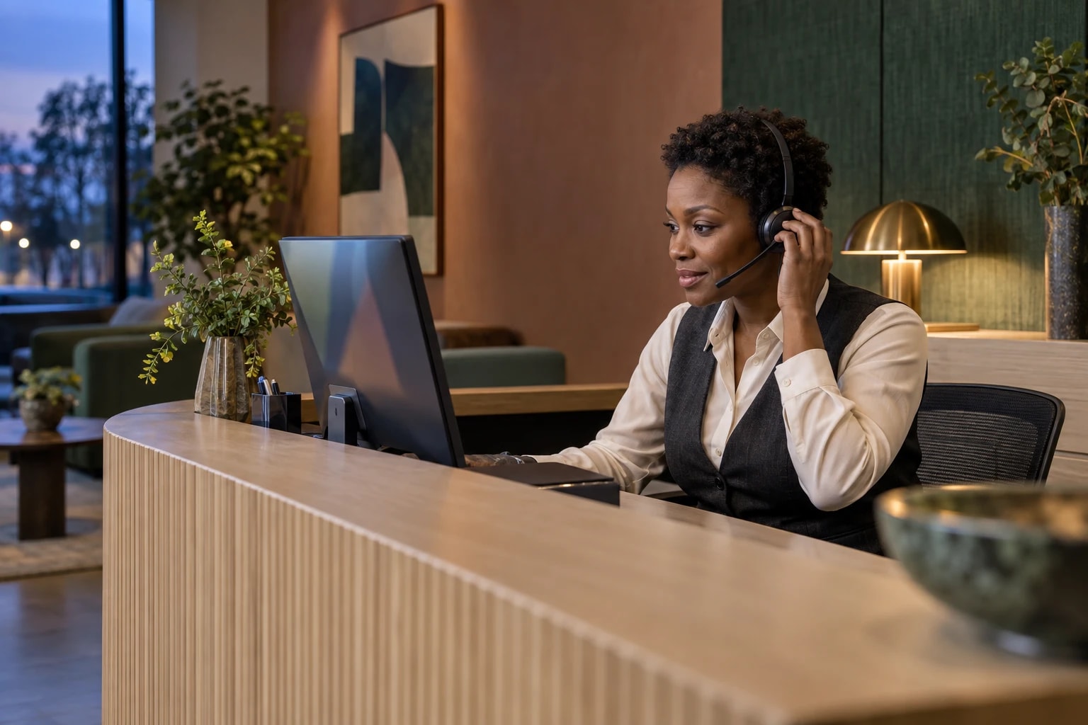 Illustrative: an inbound agent answering an incoming call at a tidy front-line desk