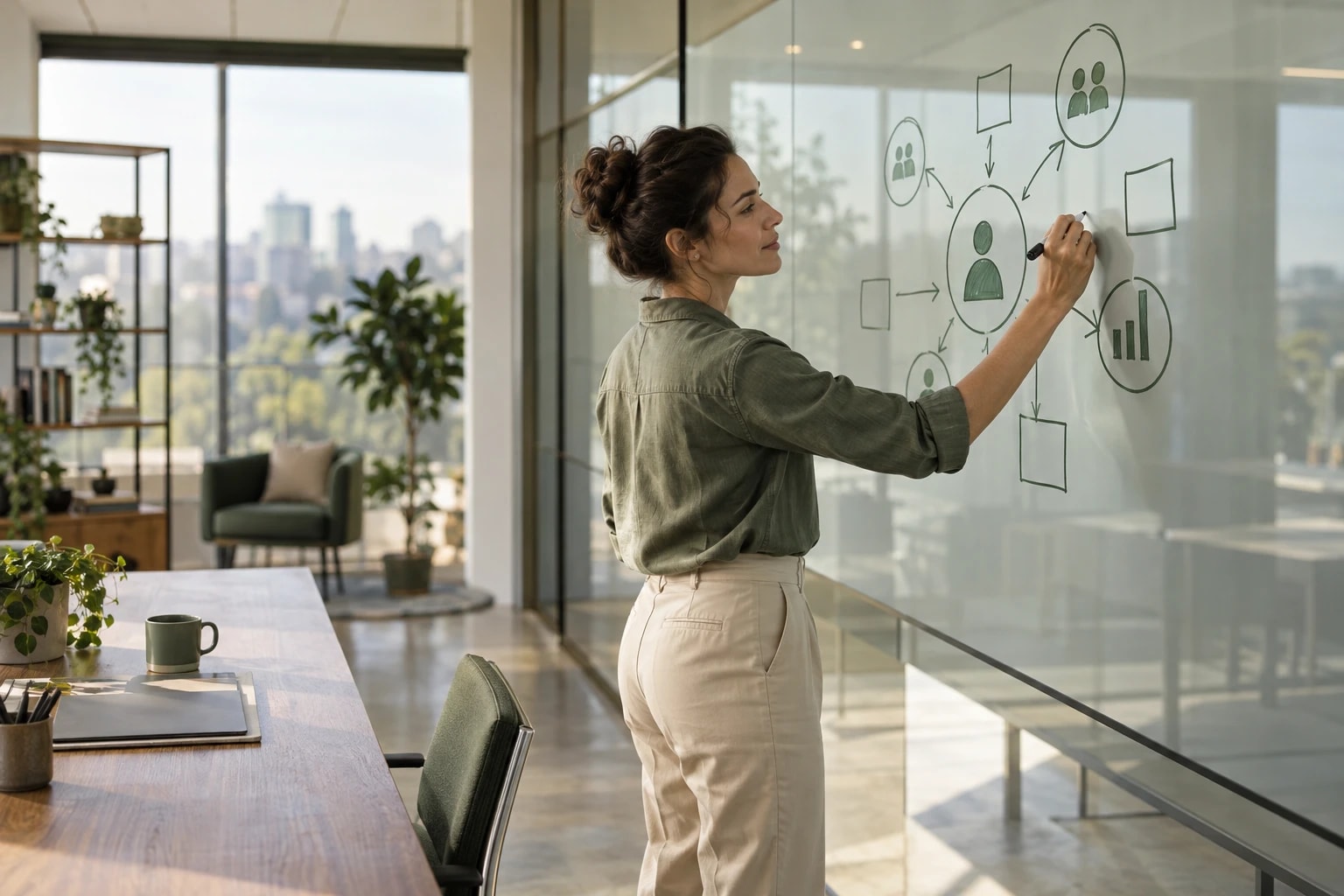 Illustrative: a strategist sketching an ideal customer profile on a glass wall with a marker, shapes only