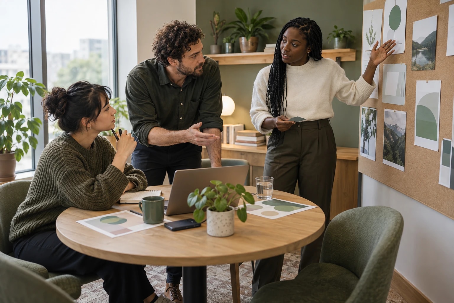 Illustrative: a small team in a huddle room debating which leads to hand to sales