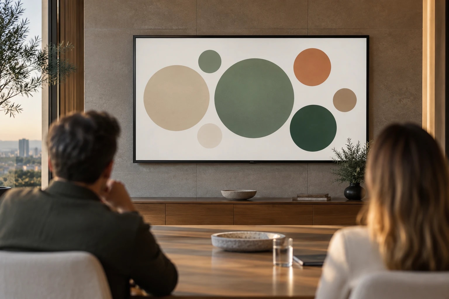 Illustrative: abstract survey results shown as colored circles on a meeting room screen