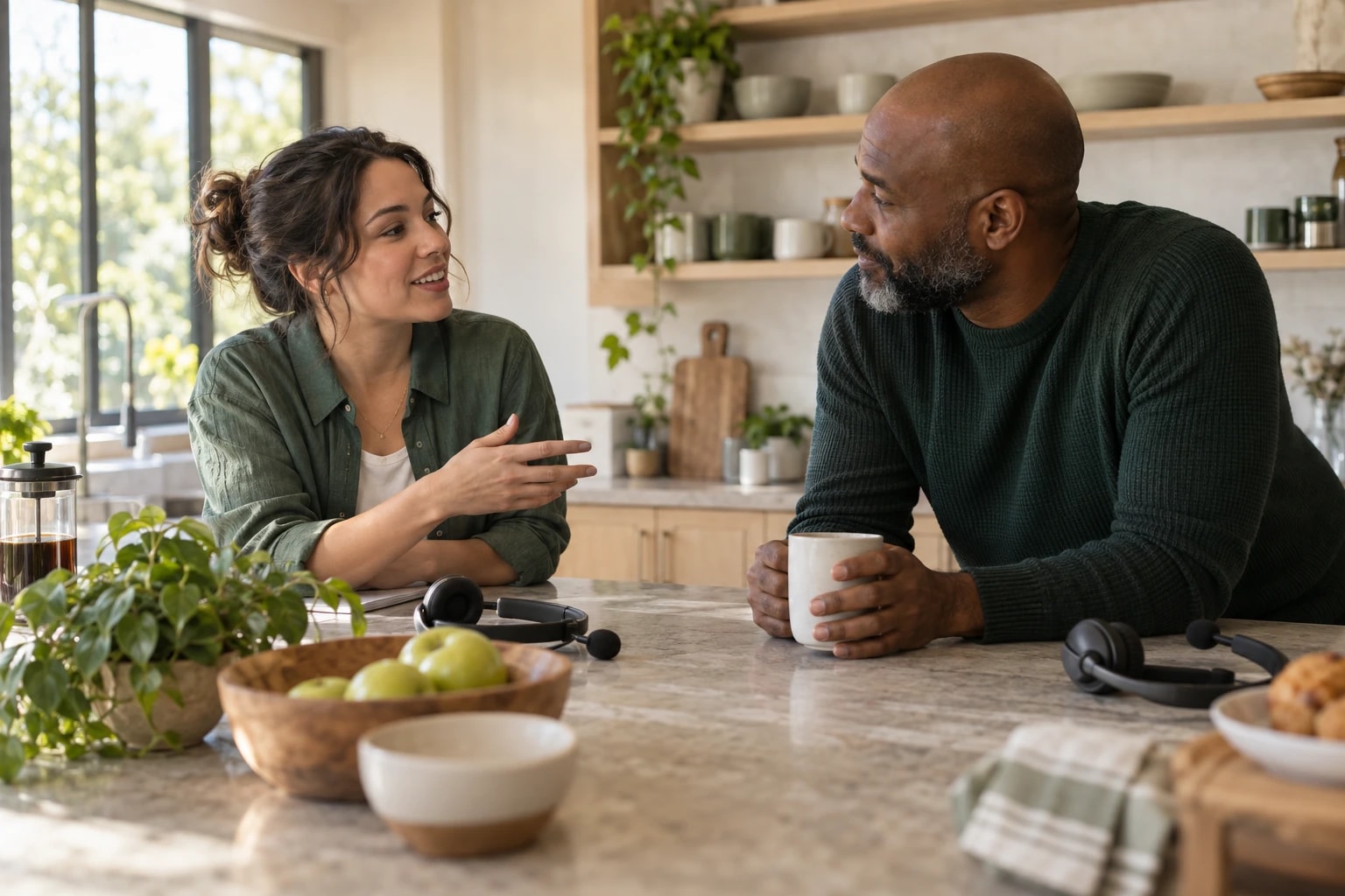 Illustrative: two callers swapping tips over coffee in an office kitchen between call sessions