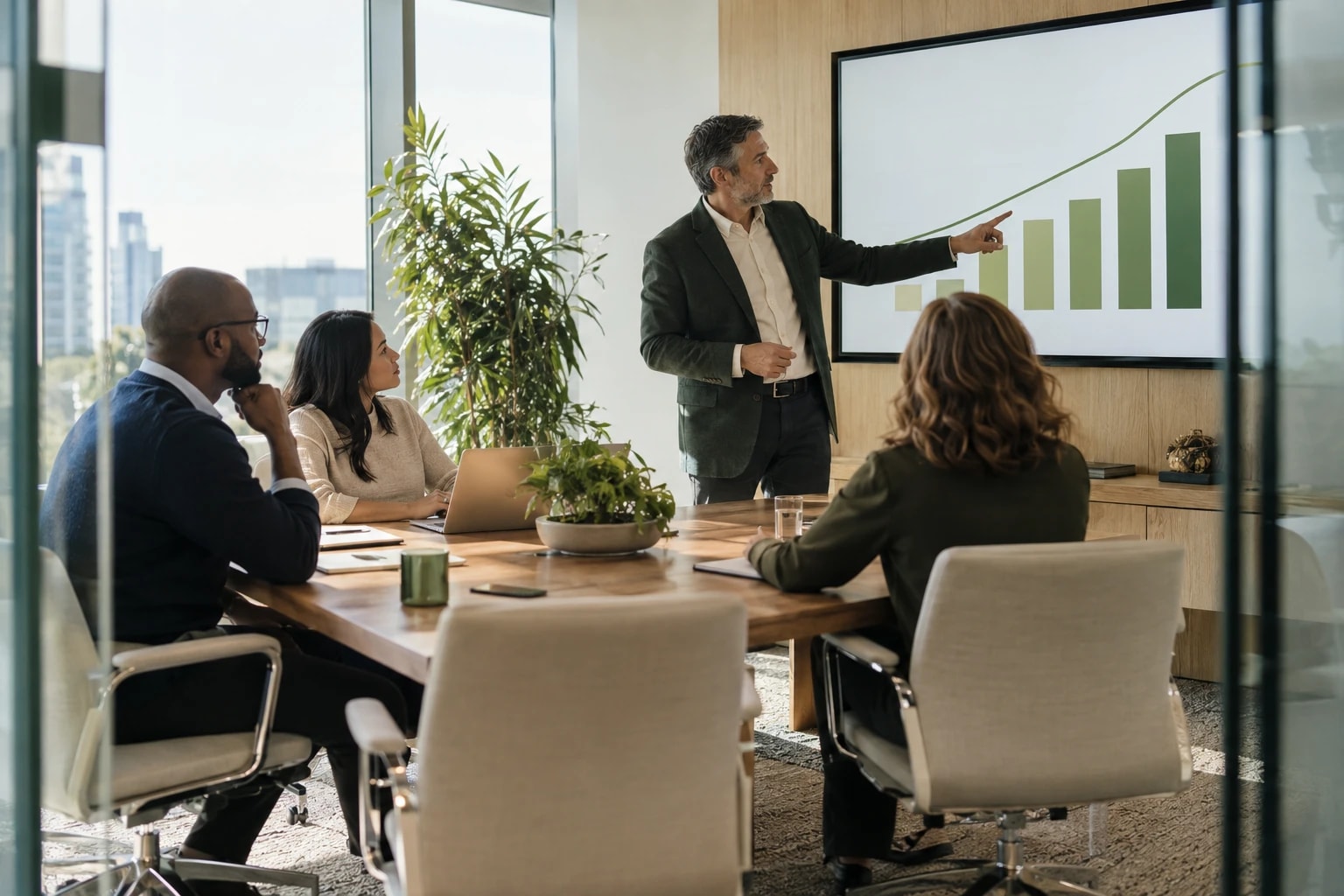 Illustrative: a weekly review meeting where a manager points to an abstract chart on a wall screen