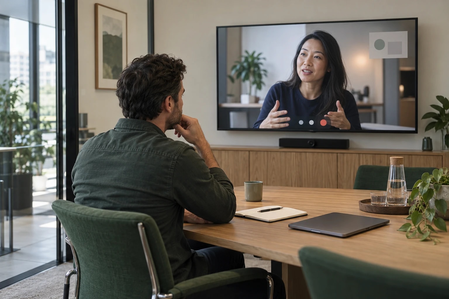 Illustrative: a video call between a seller and a buyer on a large monitor in a small meeting room