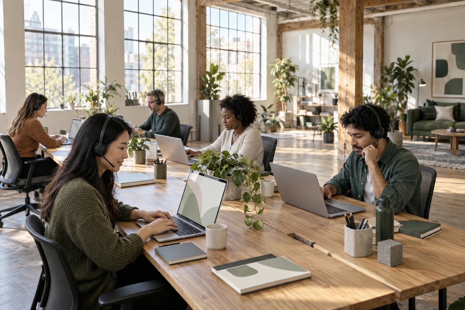 Illustrative: wide view of a small outbound team working at long oak desks in a bright loft office