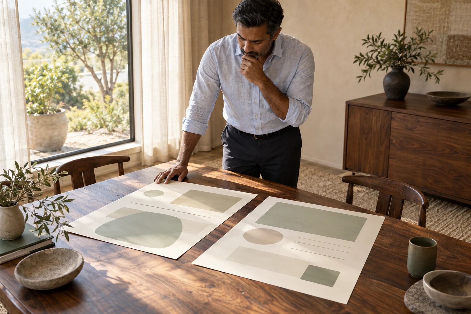 Illustrative: a sales leader choosing between two plans laid out on a table