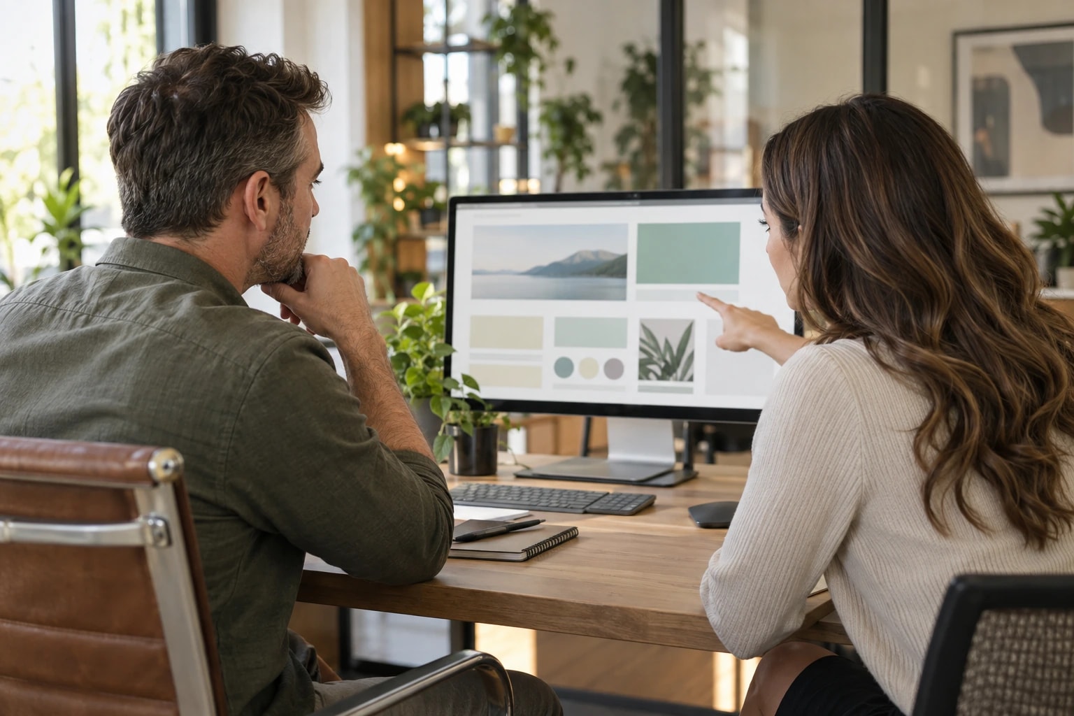 Illustrative franchise owner and digital marketing consultant reviewing website layouts on a large monitor