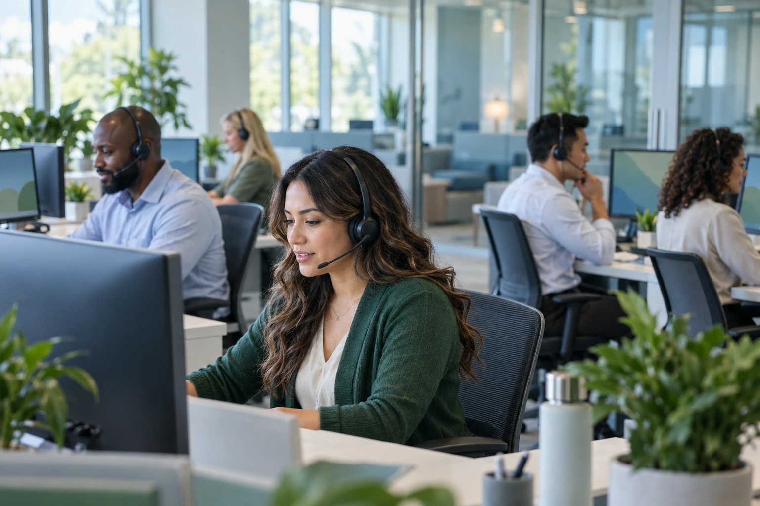 Illustrative inside sales team at a healthcare benefits company, reps on headset calls in a calm office