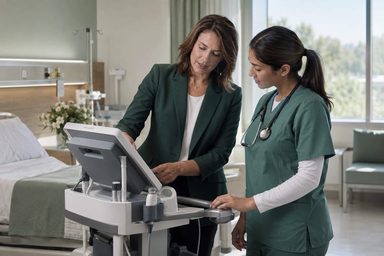 Illustrative clinical product specialist demonstrating a medical device on a cart to a nurse in a hospital room
