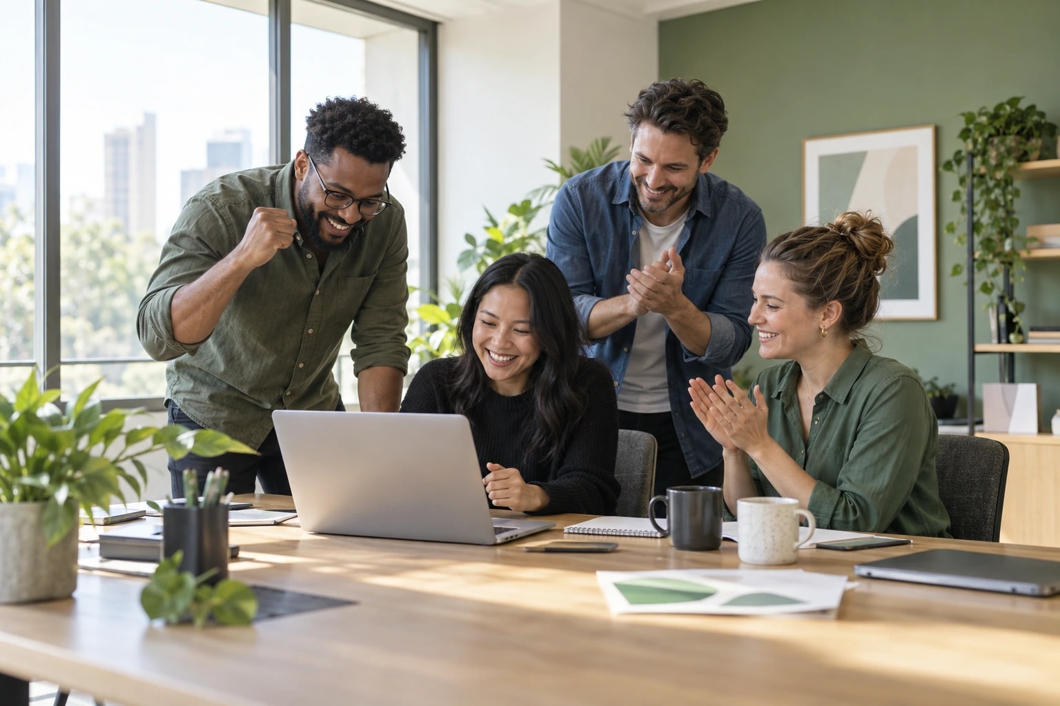 Illustrative small campaign team celebrating a win around a laptop in a bright meeting room