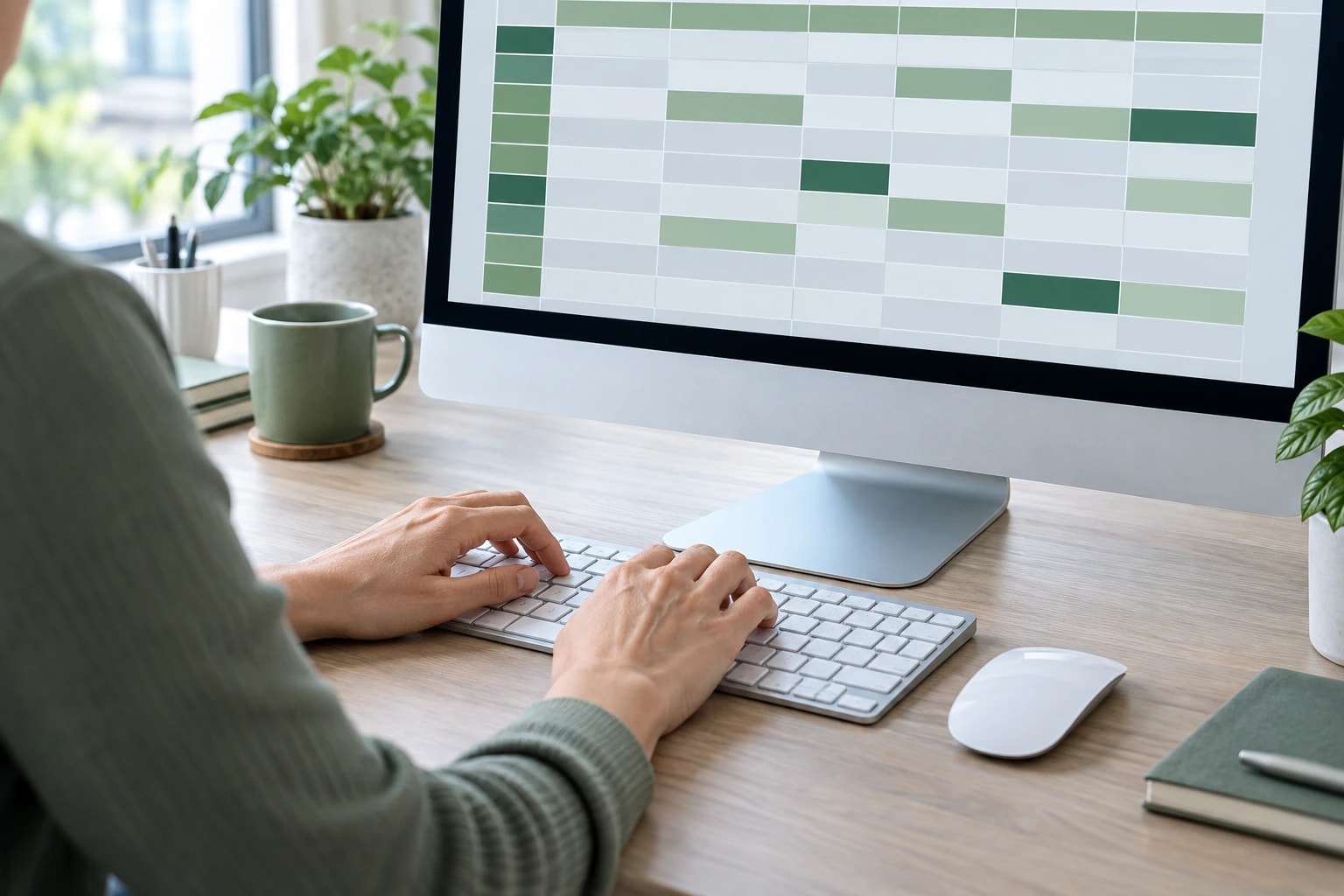 Illustrative over-the-shoulder close-up of a data specialist’s hands on a keyboard, the monitor showing a clean grid with cells highlighted in green