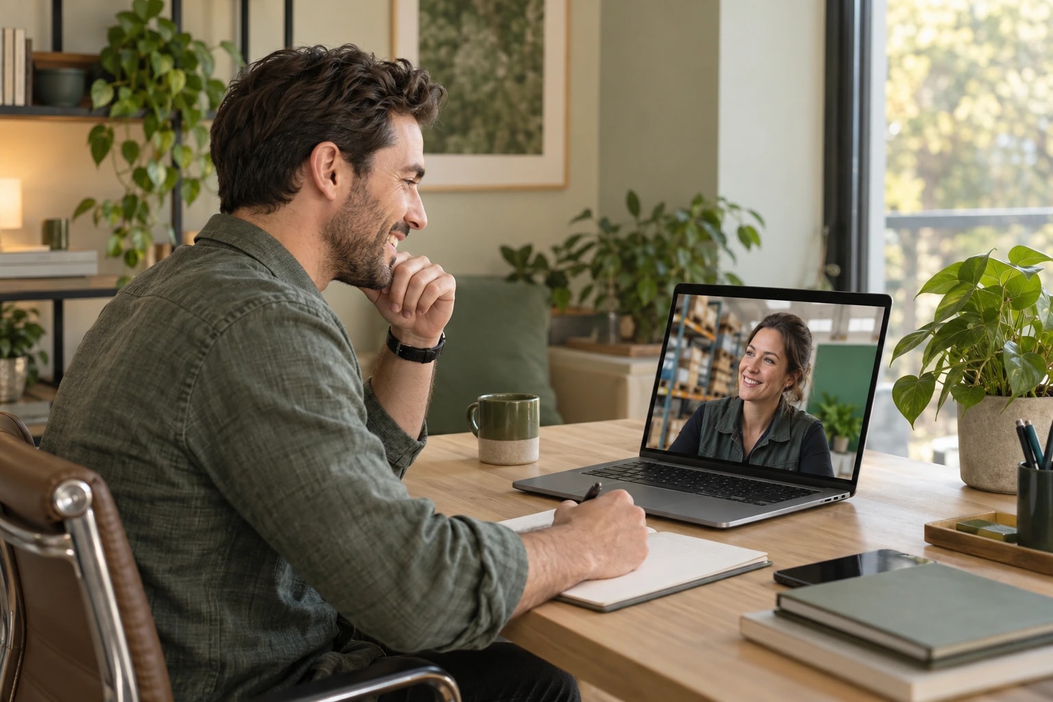 Illustrative account manager on a friendly video call with a long-time client in her warehouse office, both smiling