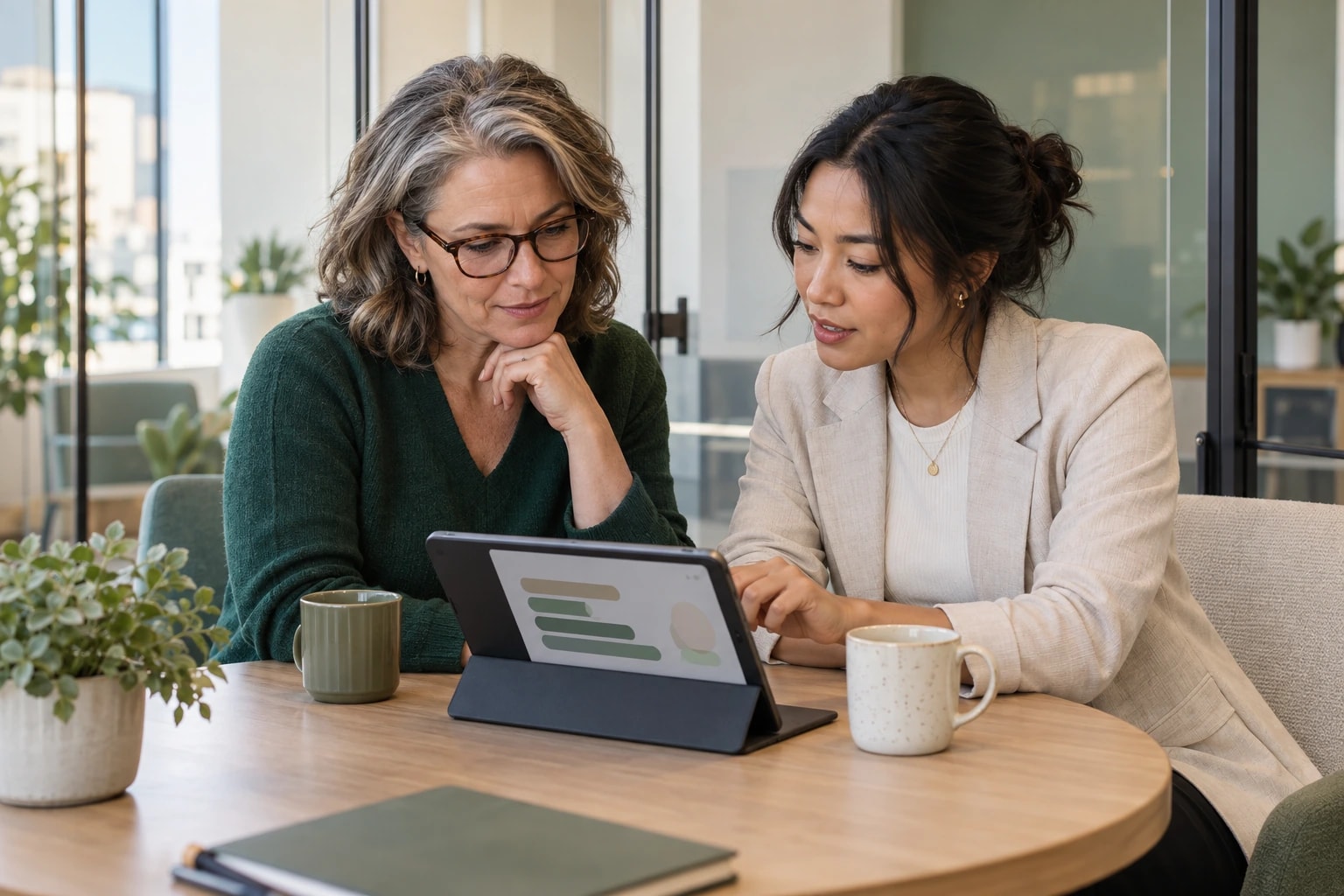 Illustrative sales manager and a younger sales rep in a small huddle room reviewing a scorecard of abstract bars on a tablet