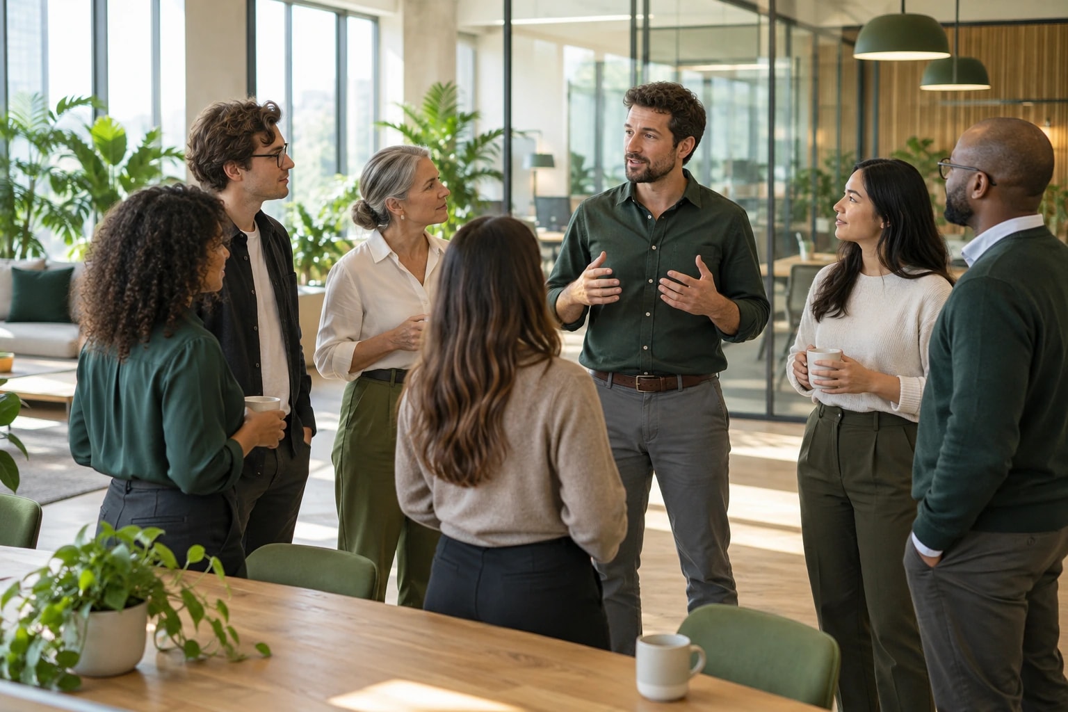Illustrative calling team of seven colleagues standing in a morning huddle in a bright open office while a team lead talks